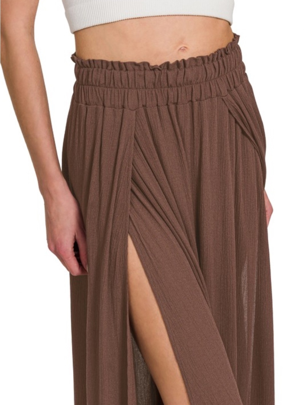Zenana Woven Crinkle Gauze High Slit Maxi Skirt, Brown - Picture 5 of 5